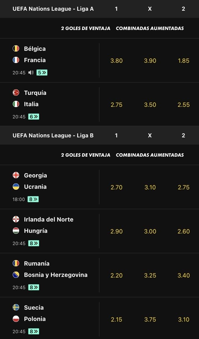 AlexProaAI's tweet photo. Menuda locura de jornada nos espera en la Nations League. 🤯⚽

Acabo de armar una combinada con estos partidos que se queda en CUOTA 200. Sí, has leído bien, ¡CUOTA 200! 📈

🇧🇪 Bélgica - Francia 🇫🇷
🇹🇷 Turquía - Italia 🇮🇹
🇬🇪 Georgia - Ucrania 🇺🇦
🇬🇧 Irlanda del Norte - Hungría 🇭🇺 https://t.co/XOJzZm9q6k