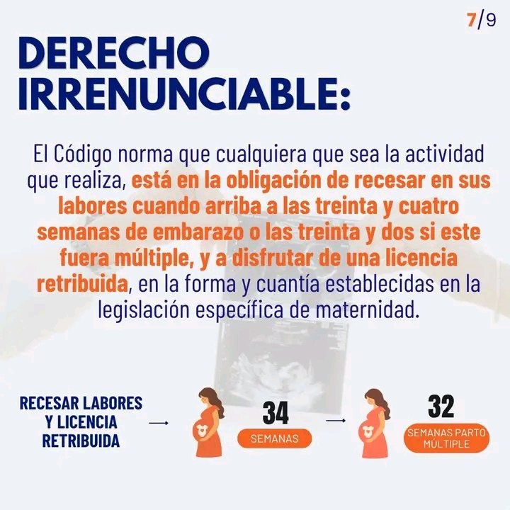 MTSS_CUBA's tweet photo. Como un derecho irrenunciable de la trabajadora gestante, el Código norma que cualquiera que sea la actividad que realiza, está en la obligación de recesar en sus labores, en la forma y cuantía establecidas en la legislación específica de maternidad.
#MtssCuba https://t.co/JcG5KzlW53