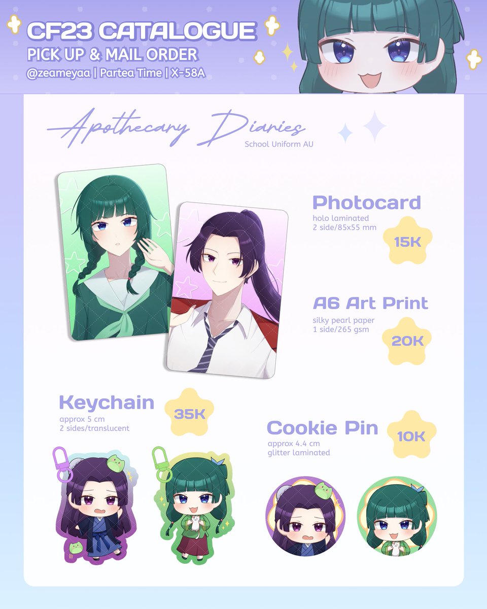 zeameyaa's tweet photo. [💙&amp;🔁 greatly appreciated]
Zea’s #cf23 Preorder + GIVEAWAY 

How to join:
⟡ Like + RT
⟡ Comment your fav merch + tag friend

📆 28th September - 1st October
☁️ Pick Up (Day 1) &amp; Mail Order
📍 Partea Time (X-58a)
⭐️ Pandavva, HSR, Apothecary Diaries 

🔗⬇️
#cf23 #cf23catalogue https://t.co/doZWBR9kyR