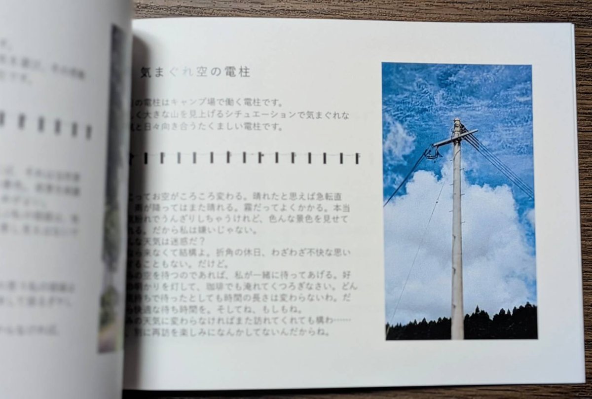 naholograph's tweet photo. 電柱、お好きですか？

キャンプ場で出会った全18本の電柱の写真と、その電柱のひとりごとをまとめました。
みんな、健気に、建ってます！
また、ロケ地キャンプ場情報も掲載。 キャンプ好きな方もどうぞ。

きょうの電柱/400円

https://t.co/aOaCpwaDhB

#文学フリマ福岡12
#文学フリマ福岡 https://t.co/wl5ST9E0TT