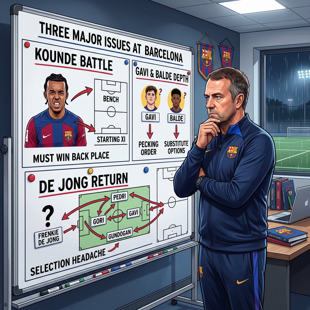 Post___lt's tweet photo. 🚨 3 BIG PROBLEMS FLICK MUST SOLVE!

🔵 KOUNDÉ’S BATTLE: Jules Koundé has fallen behind Eric García at rightback, featuring just 261 minutes compared with García’s 469. He must fight to reclaim his role.

⚠️ GAVI & BALDE: Gavi has managed only 81 minutes, while Alejandro Balde has played just 12. Fierce competition and injuries have pushed both down the pecking order.

🧠 DE JONG RETURN: Frenkie de Jong’s comeback could create another midfield selection dilemma after Barcelona built momentum without him. 

🔴 Rodri’s arrival has also changed the midfield hierarchy.

🔥 FLICK’S CHALLENGE: Barcelona’s squad depth is a major strength, but managing minutes, motivation and rotation will be crucial when club football resumes.