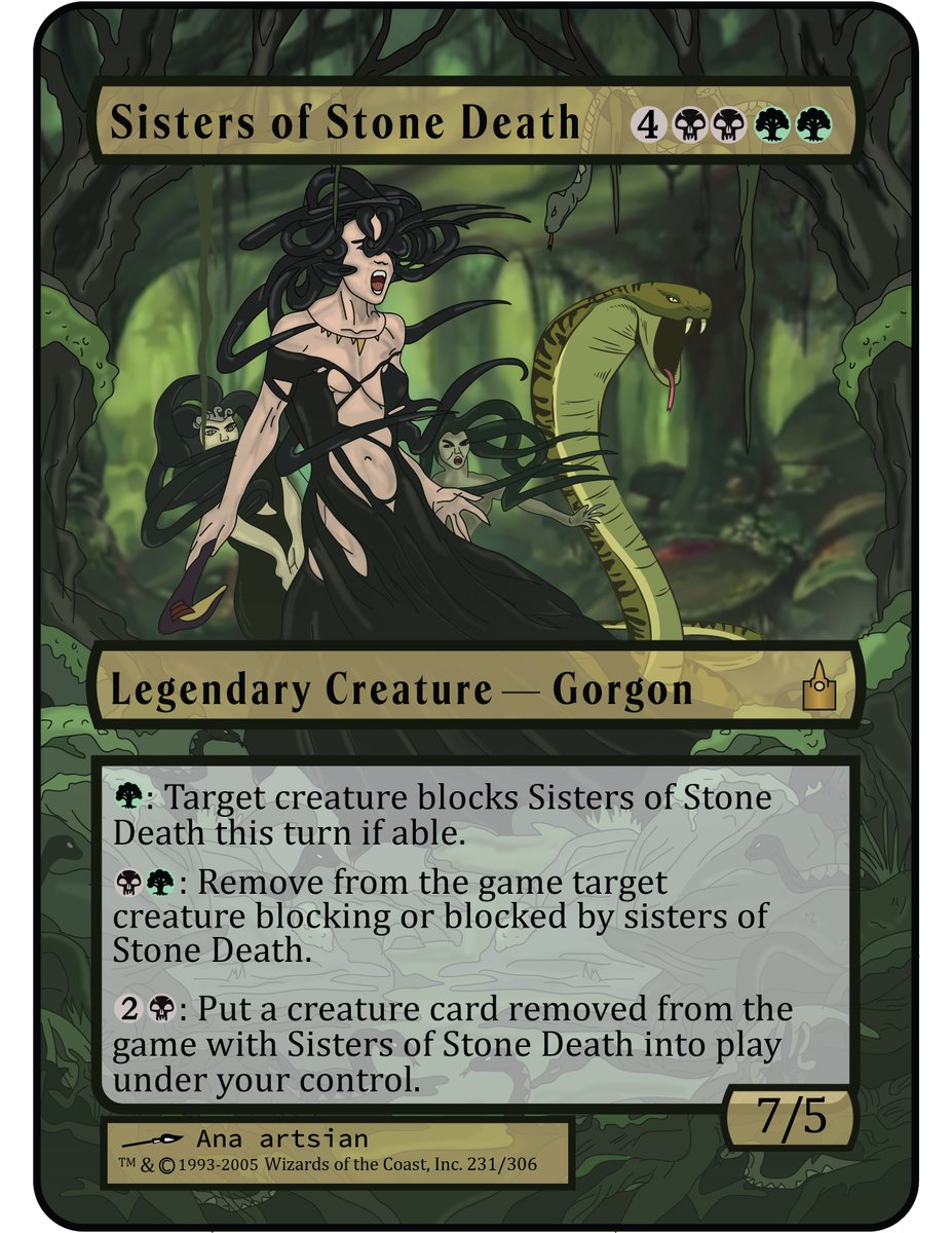 Anaartsian1's tweet photo. Sisters of Stone Death
Three gorgons and one cobra, deep in the jungle. 🐍 Don't look them in the eye.
Commissions open ✉️
#mtg #magicthegathering #gorgon #mtgart #altart #darkfantasy #customcards #digitalart #fantasyart #artcommission #commissionsopen #anaartsian https://t.co/idtHUletXt
