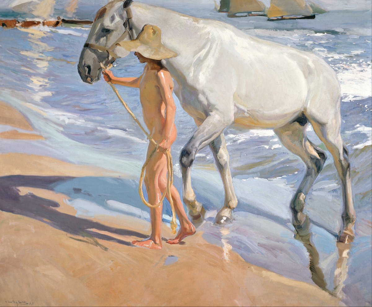 JamesLucasIT's tweet photo. Claude Monet is said to have called him "the master of light" and in 1909 he was one of the most celebrated painters in the world.

Today, outside his own country, most people have never heard his name...

He was Joaquín Sorolla, and that year he arrived in New York for his first American exhibition. The city fell for him completely: of the 356 paintings on show, 195 sold. He stayed five months and painted the President of the United States.

Then he went home to the sea he grew up beside, and that summer, on the beach at Valencia, he painted this. He first called it The White Horse. A boy leads the animal out of the water, both still streaming wet, the sun running along the boy's bare shoulder and the horse's flank, then breaking across the shallows until the sand shines like glass. 

The canvas is over two meters wide, and up close the brushstrokes look fast, loose, almost careless. Step back, and they turn into some of the most convincing sunlight ever put into paint. 

Eleven years later, working in his garden, he had a stroke and never painted again. He died in 1923. By then the art world had moved on to Modernism, and beauty like this had started to look old-fashioned. Within a generation, the master of light had slipped into the shadows...