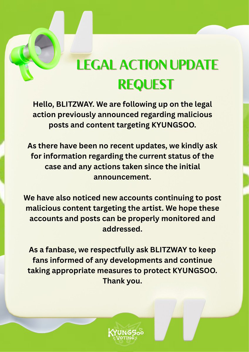 KYUNGSOO_VT's tweet photo. 📢 FOLLOW-UP REQUEST

We are once again asking @DOHKYUNGSOO_X for an update regarding the legal action previously announced concerning malicious posts targeting KYUNGSOO.

With new accounts continuing to post malicious content, we hope the agency will continue to monitor the situation and take appropriate action to protect the artist.

Please help amplify this request for an update.

📌 Please comment on SNS account :
• Blitz: @blitzway_ent
• Blitzer: @blitzway_reporter
• Official Account: @dohkyungsoo_offcl
• Agency Representative: @minki1001

tags :

블리츠웨이 측에 앞서 공지된 도경수를 대상으로 한 악성 게시물 관련 법적 대응에 대한 업데이트를 요청드립니다. 현재 해당 사건이 어떻게 진행되고 있는지, 그리고 이후 추가적인 조치가 이루어졌는지 팬들에게 알려주시기 바랍니다.
#블리츠웨이_공지하라 
#BLITZWAYProtectKYUNGSOO