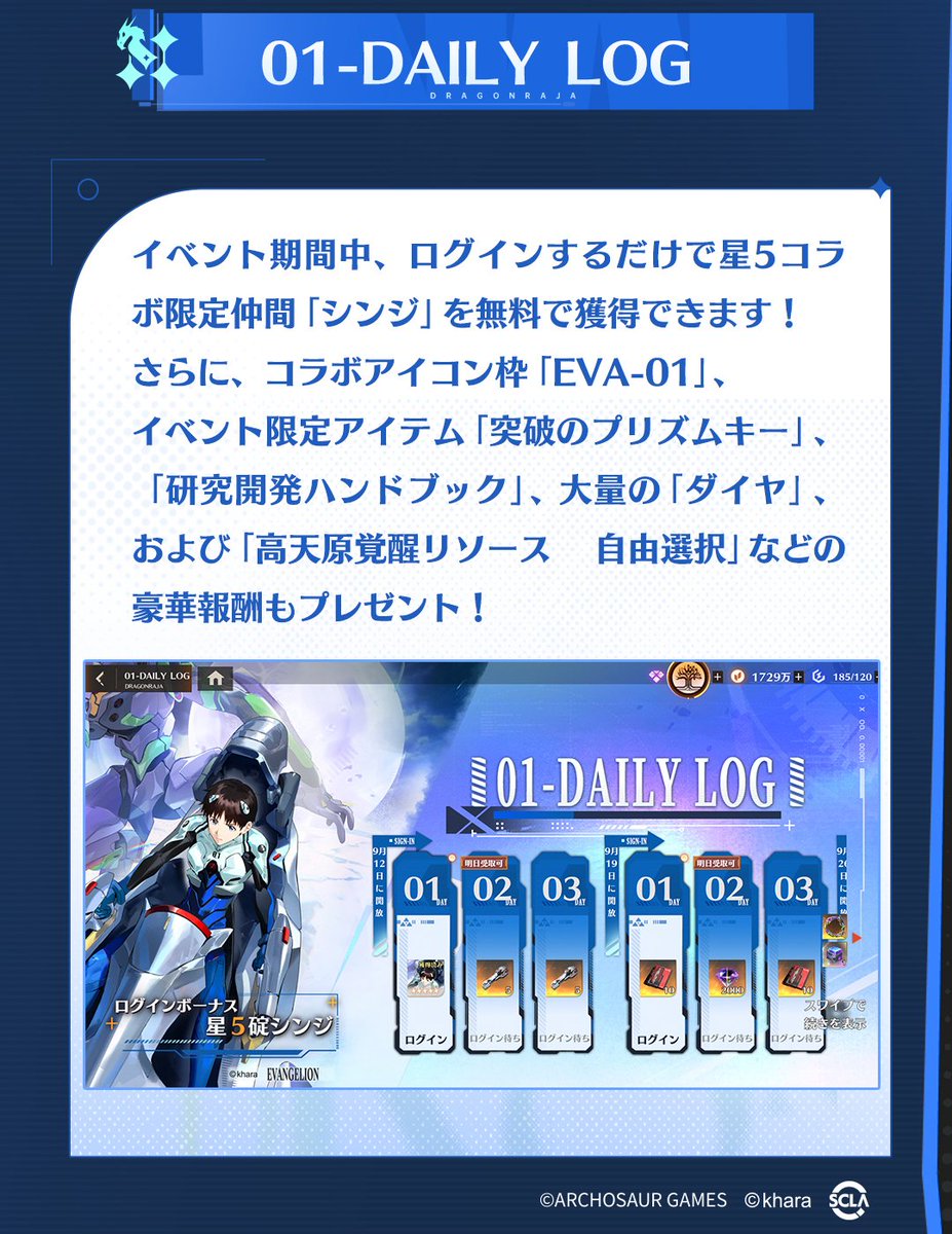 DoragakuJP's tweet photo. 『#ドラガク』×『#エヴァ』コラボイベント、10月1日より開催！

コラボイベント期間限定開催！イベント詳細を公開！

イベント期間中、ログインするだけで★5シンジがもらえる！
さらに、レイ専用募集券「00-STAGE募集券」×30と
アスカ専用募集券「02-STAGE募集券」×30を🎁
イベントでSSR限定仲間「マリ」も交換可能！

▼詳細：https://t.co/m0sLaMJ2O8
▼ダウンロードはこちら：https://t.co/dOpANorgMI