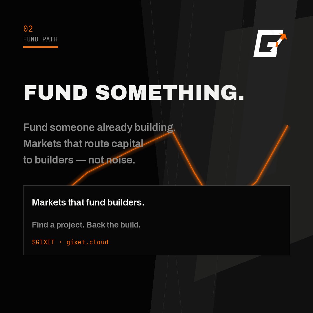 gixetcloud's tweet photo. For the trenches.

BUILD SOMETHING — launch a market around what you’re creating.
FUND SOMETHING — back a builder, route creator fees to them.

Same loop. Clear fees.
https://t.co/mW6XwbfmeL
$GIXET https://t.co/PAXh71u7Vy