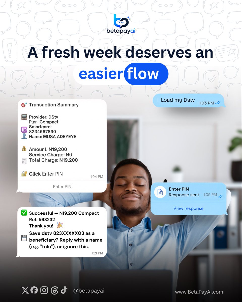 BetapayAI's tweet photo. Focus on making the week count, BetaPayAI will make your everyday payments easier.
Click the link in our bio and experience the ease of Betapayai.
#newweek #smartpayments #fintech #fintechnigeria https://t.co/DCHU8GaBb1