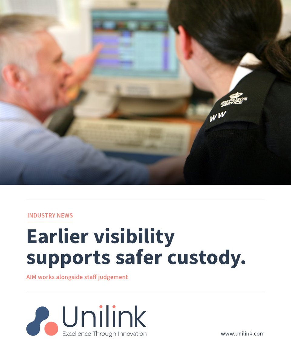 UnilinkSW's tweet photo. Earlier intervention in custody can start with small changes in behaviour. AIM brings behavioural and transactional data into view, helping staff identify signs of vulnerability, isolation and distress earlier, while working alongside professional judgement. https://t.co/Hx34My4EQY