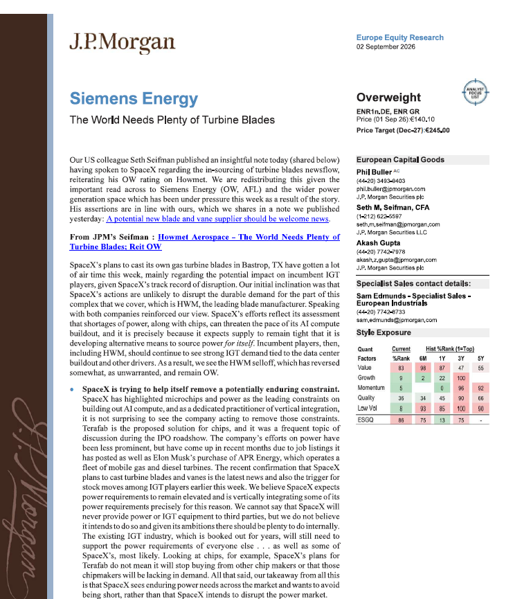 EmirBQuant's tweet photo. Rate hikes don't break great businesses. They reprice them. 

 The ECB has hiked twice this year, taking the deposit rate to 2.50% on the back of an energy-driven inflation shock, and markets see more to come. Tighter policy weighs on equity multiples, so European stocks could see further drawdowns from here.  But sell-offs in tightening cycles often hand patient investors a discount on quality. 

 J.P. Morgan's latest note on Siemens Energy (Overweight, Analyst Focus List) is a good example of what that looks like:  
- PT €245 (Dec-27) vs €140.10 at publication → ~75% implied upside 

Shares down ~8% over 3 months, partly on SpaceX turbine-blade in-sourcing headlines.

JPM's read: SpaceX is securing its own power supply, not disrupting the market.

 The gas turbine industry is booked out for years

 FY25A → FY28E: revenue €39bn → €57bn
Adj. EBITDA margin 10% → 19%,
Adj. EPS €1.98 → €8.76 

Gas Services contracts lock in profitable, recurring FCF into the 2040s - Electrification + AI power demand = multi-year grid & turbine cycle - Wind business expected to break even before end-2026 - Valuation: 24x CY2028E EV/EBITDA.

Macro sets the price. Fundamentals set the value.  Details in the screenshots 👇  Not investment advice.

#SiemensEnergy #PowerGeneration #GasTurbines
#AIInfrastructure #Electrification #ECB
#EuropeanStocks #Investing #SMNEY  #ENR #SPCX