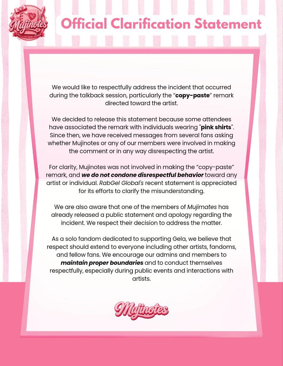 mujinotes_'s tweet photo. A clarification from Mujinotes regarding the recent incident involving RabGel Global and Mujimates. We hope this helps clear up the misunderstanding and provide context on what happened. 🩷

Thank you for taking the time to read and understand our side. 🎀 https://t.co/qDPscOHo2u