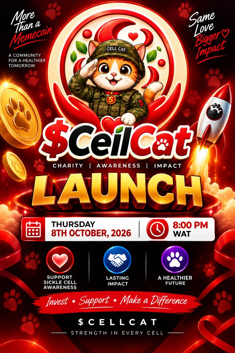 CellCatBSC's tweet photo. 🐱❤️ $CellCat is launching in just a couple of days!

The countdown is ON. ⏳🔥
A new journey of crypto, compassion, and impact is about to begin.

Are you ready for $CellCat? 🚀🐾

#CellCat #CryptoForGood #SickleCellAwareness https://t.co/JpDlDt3n5D