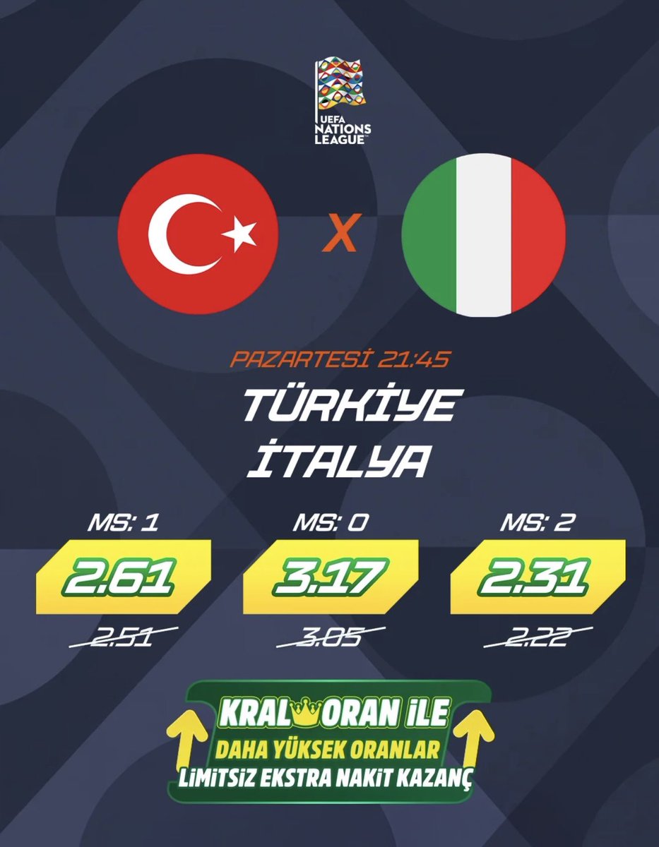 BankoSans's tweet photo. 🇹🇷Milli mesai Bursa’da devam ediyor!

⚽️A Milli Takımımız, UEFA Uluslar Ligi A Ligi 1. Grup’taki ikinci maçında İtalya’yı konuk ediyor.

⏰21:45

➡️Karşılaşma, 👑Kral Oran ayrıcalığıyla 📲https://t.co/cundOhU26O ’da.

#iddaa #kraloran #türkiye #italya #millitakım https://t.co/Lli0j1sJ1h