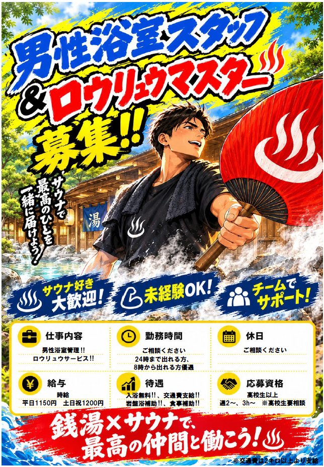 hotpia_jp's tweet photo. 🔥🔥男性浴室スタッフ＆ロウリュウマスター大募集🔥🔥
「サウナが好き！」「人を喜ばせる仕事がしたい！」
そんなあなた、大歓迎！！♨️
未経験OK！サウナ好き大歓迎！
最高の“ととのい”を一緒につくりませんか？🔥

詳しくは画像をチェック👀✨
ご応募お待ちしています！！ https://t.co/sDb5NHPIB0