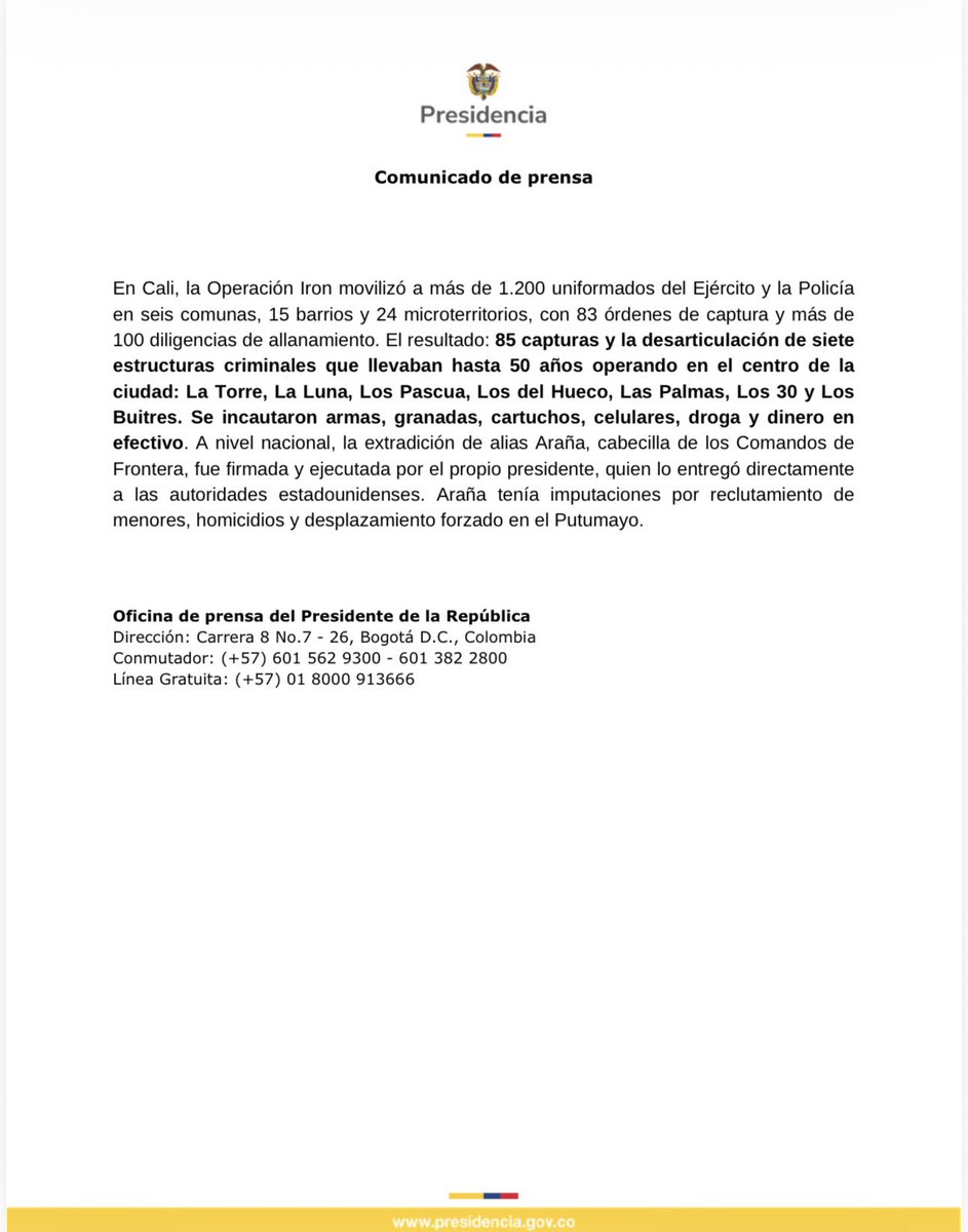 infopresidencia's tweet photo. Primer mes de gobierno: secuestro cae 79 %, extorsión 62 % y masacres 58 %
en Colombia. https://t.co/ZUXgbOACFp