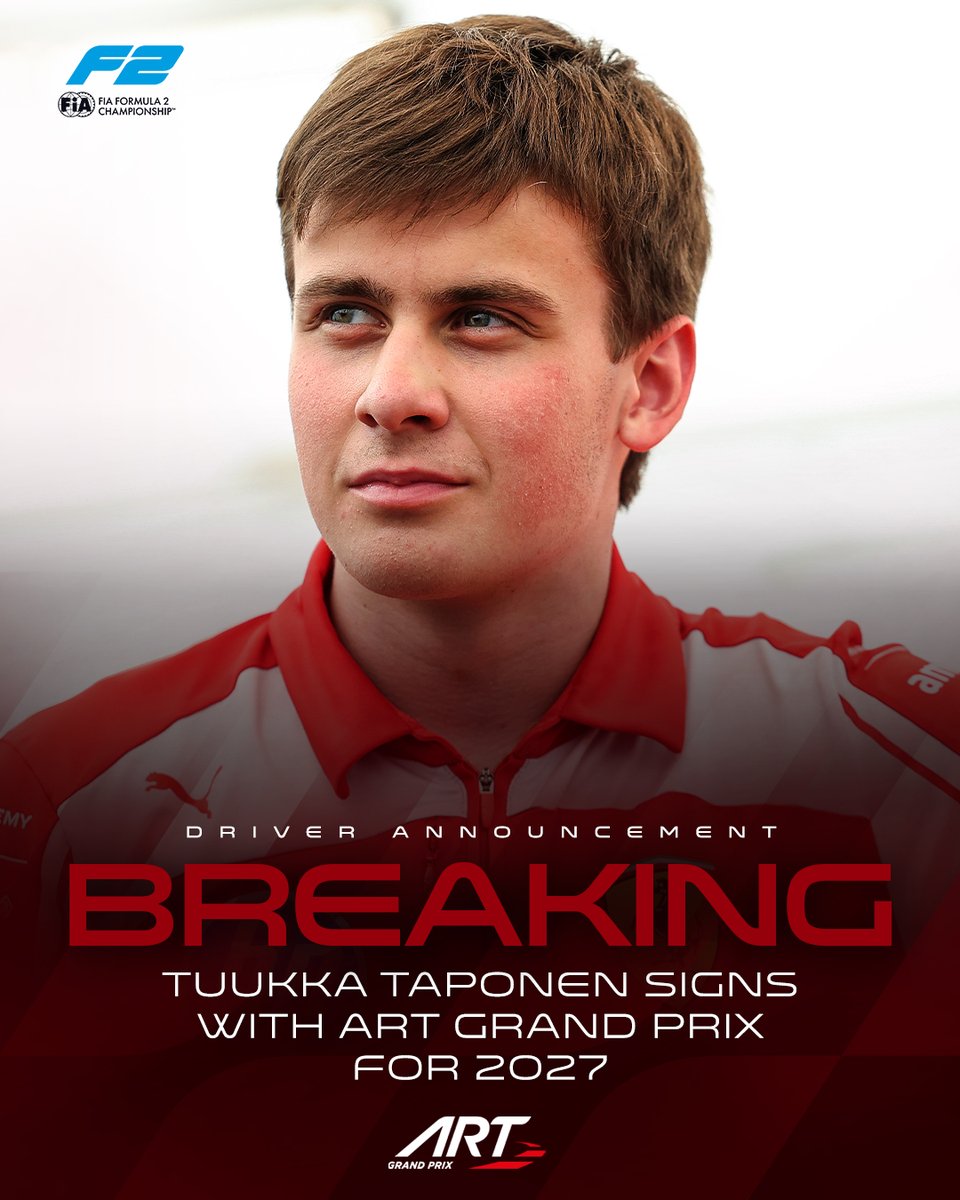 Formula2's tweet photo. BREAKING: Tuukka Taponen steps up to Formula 2 for 2027! 👊🇫🇮

The Finnish driver, who came third in the 2026 @Formula3 championship, signs with @ARTGP for his rookie #F2 season ✨

All the info 👉 https://t.co/cy19W9hBio

#RoadToF1 https://t.co/6UfwufN1ha