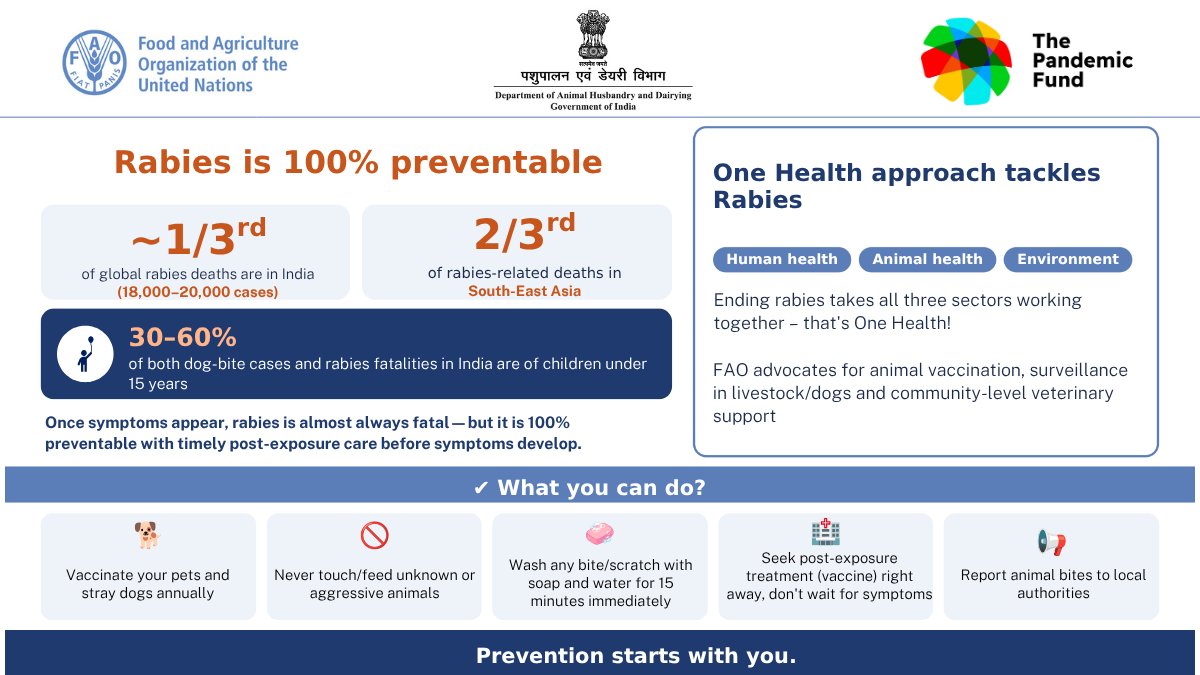 FAOIndia's tweet photo. Rabies is 100% preventable, yet it claims thousands of lives every year. 

This #WorldRabiesDay, let's be #StrongerTogether through a #OneHealth approach that connects people, animals, &amp; the environment. 

Vaccinate your pets. Seek immediate care after a bite. Spread awareness. https://t.co/HZepEfnuus