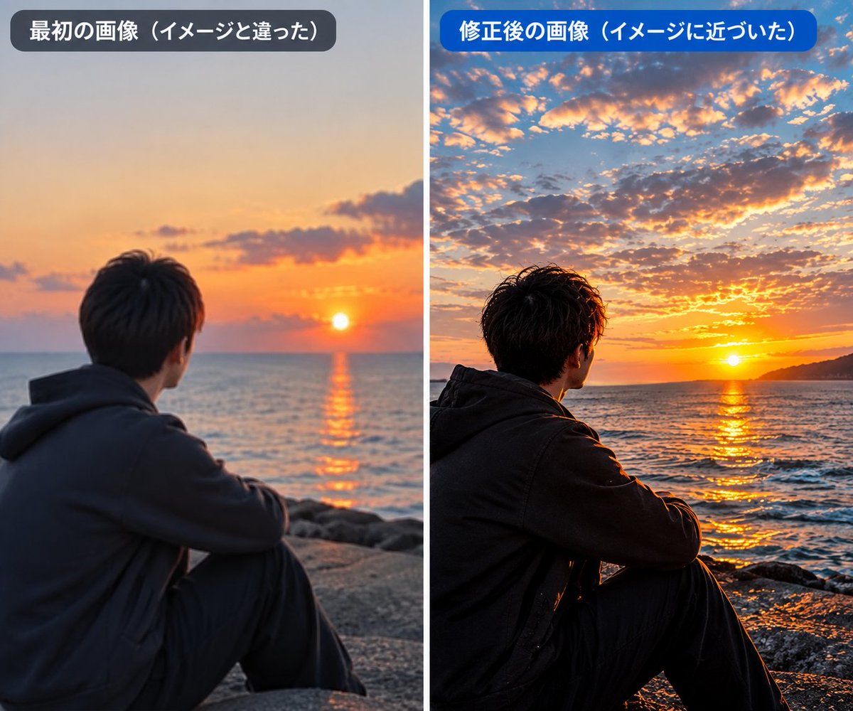 9kxxl's tweet photo. 今日はプロンプトを少し変えて、AI画像を作り直してみました🤔

最初は思ったような画像にならなかったのですが、人物の表情や背景、雰囲気などを細かく伝えると、少しずつイメージに近づいてきました！

AIは「何を作るか」だけじゃなく、「どう伝えるか」も大事なんだと勉強✍️

まだまだ練習中です！ https://t.co/r4SpxmEkav