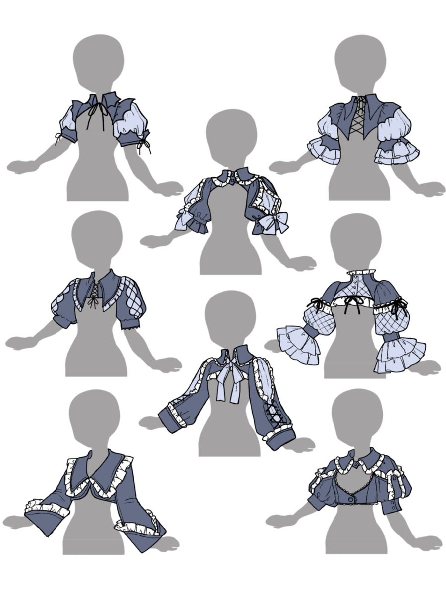 hatsuka5525's tweet photo. アウターのアイデア(再掲)
衣装感の強いデザインのボレロ８着
ご自分でデザイン真似して描くのはOKなので良かったら参考に使ってね〜😊！
#衣装デザイン https://t.co/l3td4qUdb2