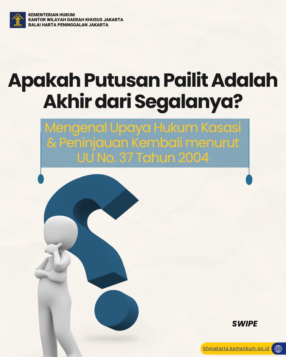 JakartaBhp's tweet photo. Putusan pailit bukan akhir dari segalanya. ⚖️

Banyak yang mengira proses hukum sudah selesai begitu ketok palu, padahal celah keadilan lewat Kasasi dan Peninjauan Kembali (PK) masih terbuka lebar bagi debitor maupun kreditor.

Tapi ingat, waktunya sangat ketat! ⏱️ Salah hitung hari saja, hak hukum bisa hilang selamanya.

👉 Jangan sampai salah langkah, yuk swipe sekarang untuk pahami aturan mainnya!

#KementerianHukum #LayananHukumMakinMudah #KemenkumDKJakarta