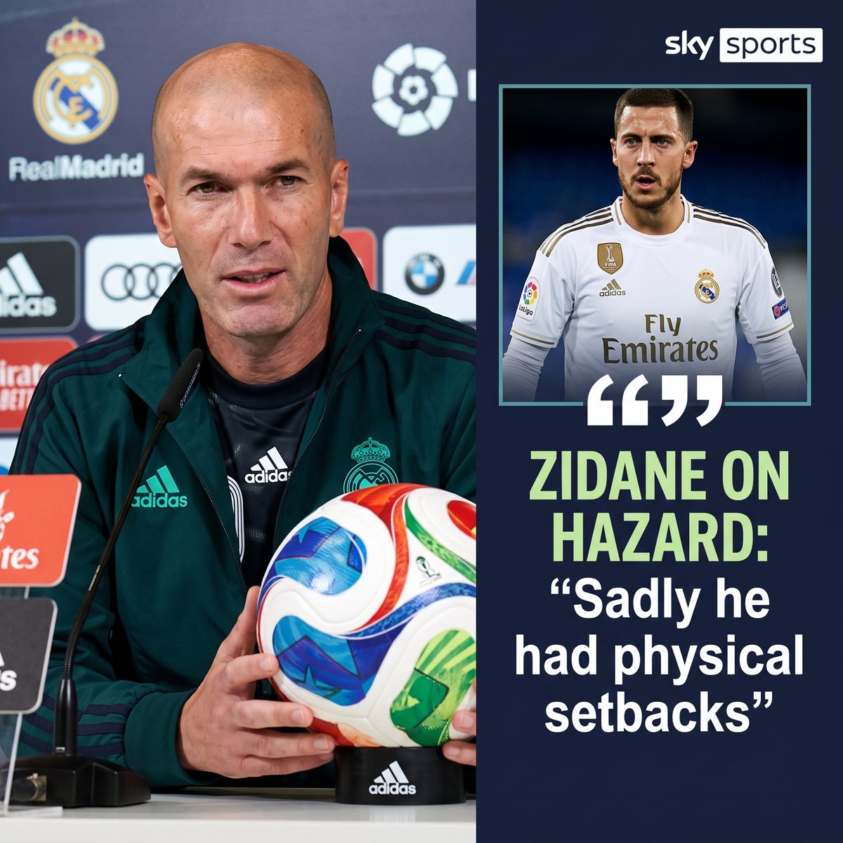 Post___lt's tweet photo. 🚨 ZIDANE OPENS UP ON HAZARD’S REAL MADRID NIGHTMARE!

⚪ ZIDANE’S TARGET: Eden Hazard arrived at Real Madrid for a fee reaching €150 million, with expectations after starring for Chelsea. Zidane wanted the Belgian as a piece of his project.

💔 INJURY PROBLEM: Hazard struggled immediately and never reproduced his best form in Spain. Zidane believes physical setbacks prevented him from delivering what he wanted, despite winning La Liga together.

🤝 ZIDANE’S MESSAGE: Zidane remembers Hazard warmly, praising his character and talent. The coach says injuries changed the story, leaving fans wondering what might have happened with a fit Hazard.