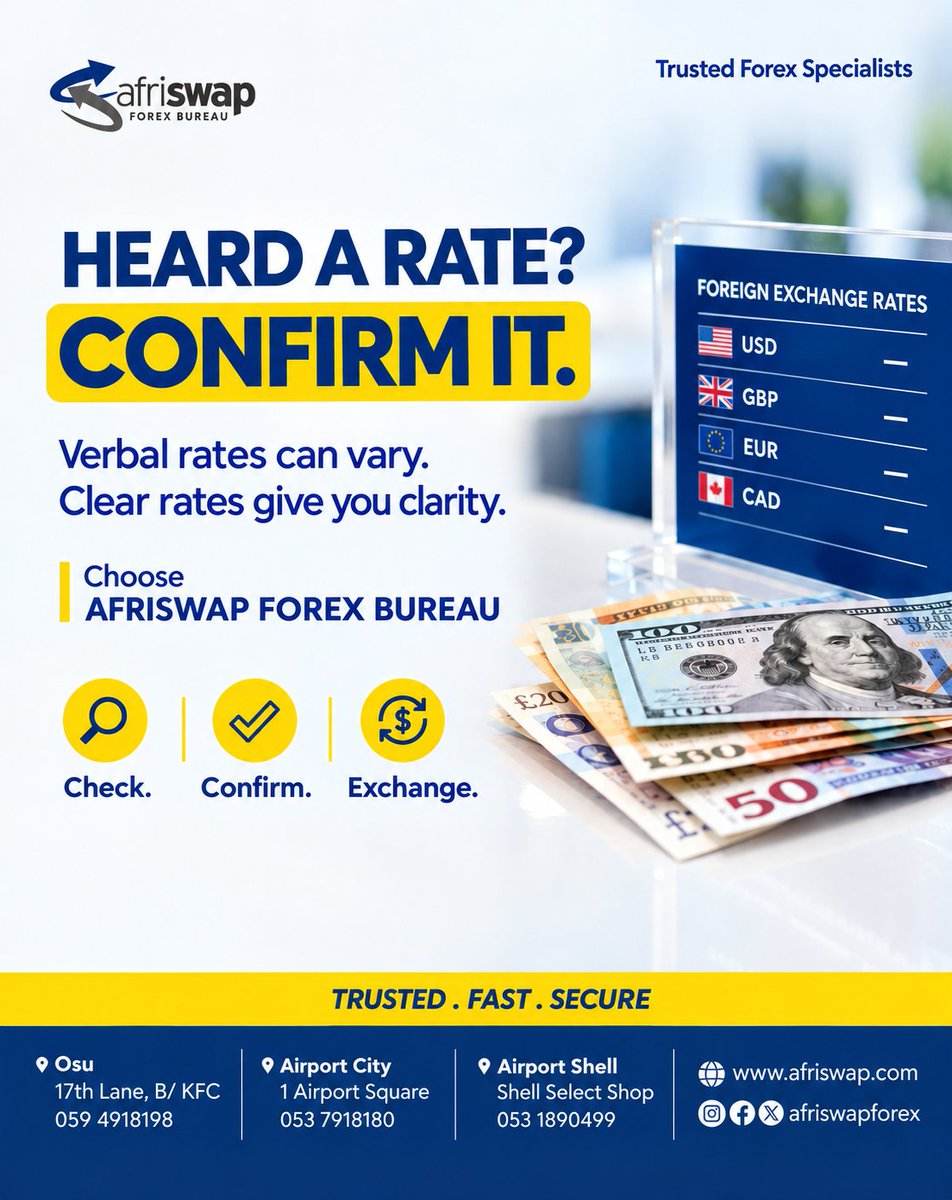 afriswapforex's tweet photo. Looking for forex rates or a trusted forex bureau near Osu or Airport City?

Visit Afriswap Forex Bureau for clear and professional foreign currency exchange.
#DollarexchangerateinGhana
#USDtoGHSexchange rate
#BuydollarsinAccra
#SelldollarsinAccra https://t.co/LGN2t2eh8T