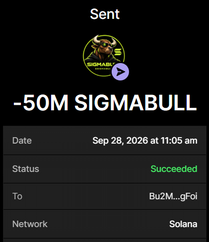 SigmaBullSol's tweet photo. 50M $SIGMABULL Successfully purchased ✅

Buy now before the presale ends

Send SOL To Presales Wallet:
EB6HcbQXufnxCeRxfJkngw4pNnbc5Ymwh5usGVmrngAH
 
Txn: https://t.co/ks8CjcF4Kq

Min buy: 0.2 SOL Max: 10 SOL

0.2 SOL → 40,000,000 $SIGMABULL
0.5 SOL → 100,000,000 $SIGMABULL
1 SOL → 210,000,000 $SIGMABULL

Retweet & Drop SOL Address