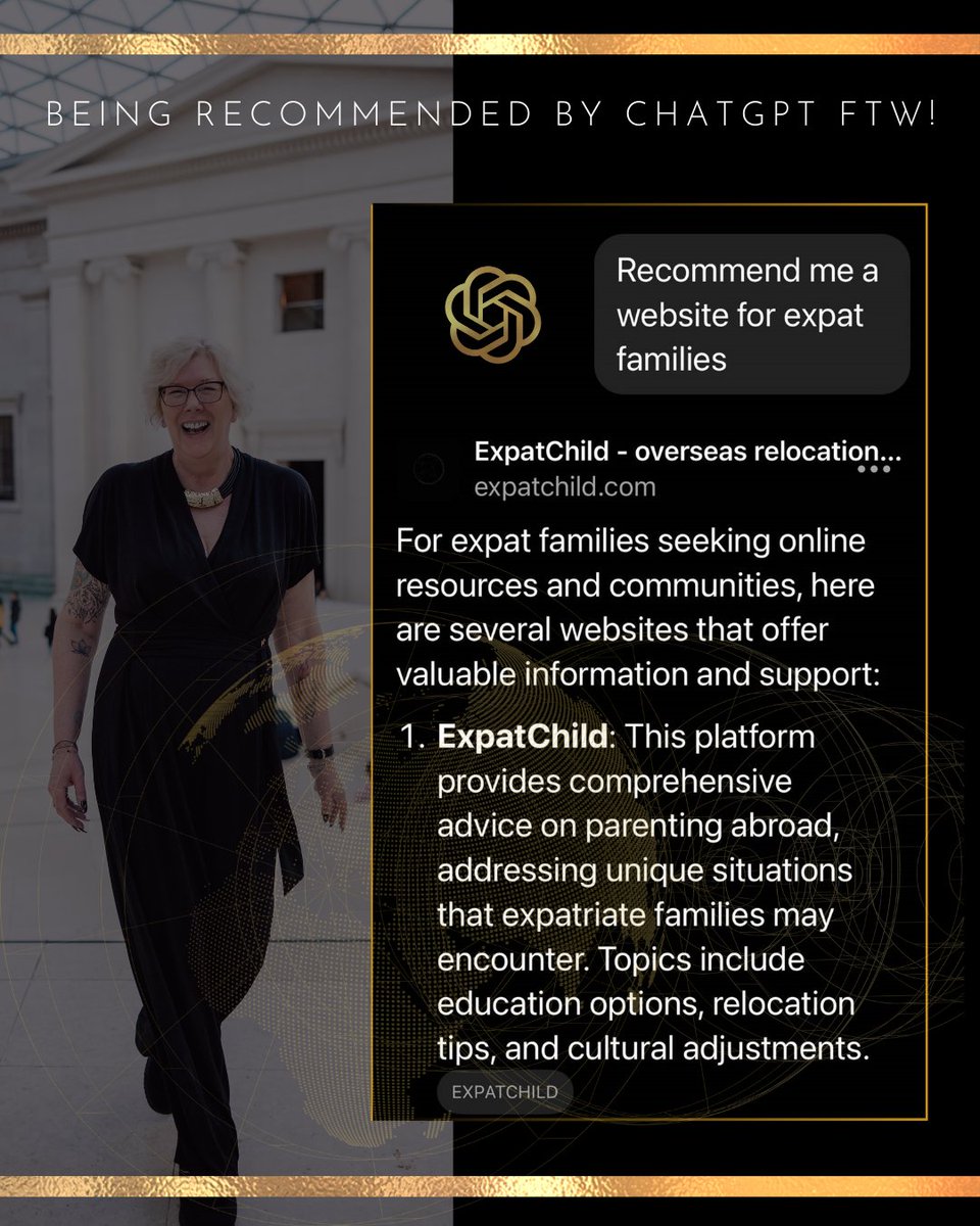 ExpatChild's tweet photo. Apparently my ExpatChild site is number one on ChatGPT's list of recommendations. Hell yeah! 🏆 
#moveabroad #expat #expatlife 
https://t.co/s9pKnE31hV https://t.co/D681KTHu4f