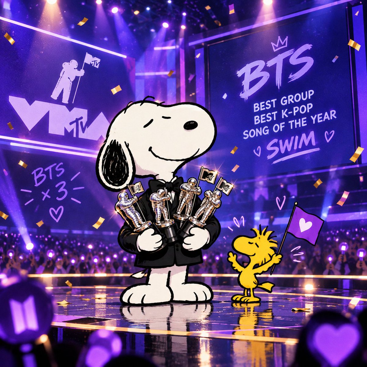 Anklebiters0904's tweet photo. BTS、VMAsで3冠達成🏆🏆🏆
Snoopyも最高の瞬間をお祝い💜✨
#BTS #VMAs https://t.co/llr2DSGGIg