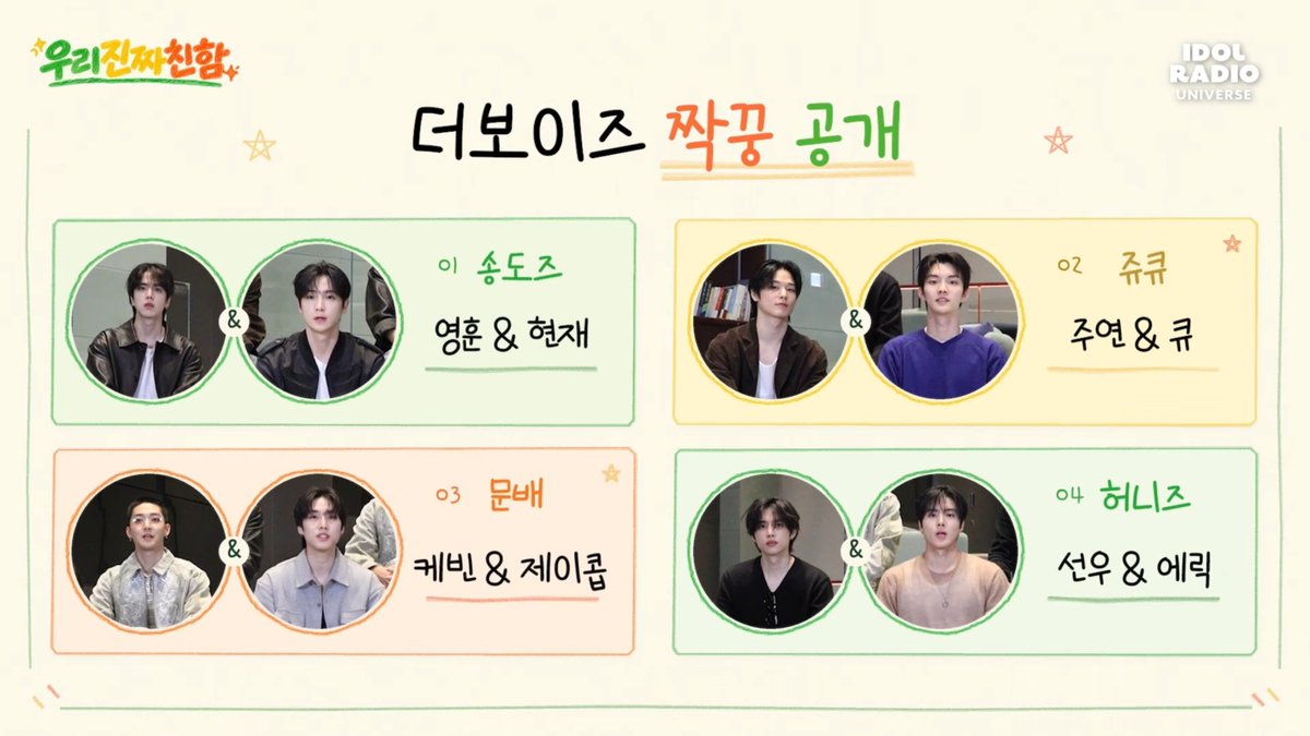 deobimom's tweet photo. the boyz bestie pairs ♡

songdoz - younghoon hyunjae
jukyu - juyeon q
moonbae - kevin jacob
honeyz - sunwoo eric

#THEBOYZ #더보이즈 https://t.co/fD1LOuOfnQ
