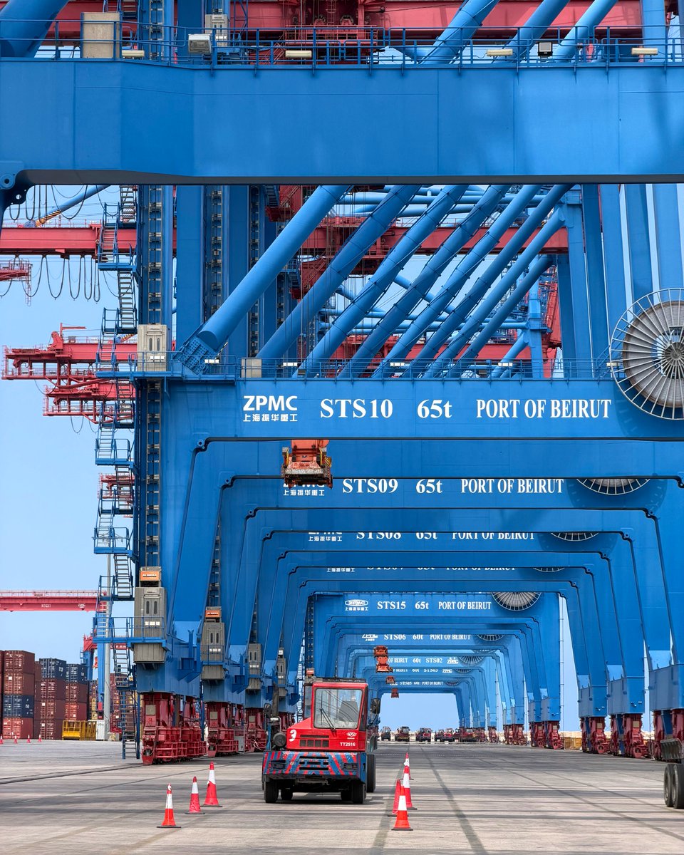 portdebeyrouth's tweet photo. Row after row, built to move Lebanon faster. This is the scale it takes to keep a country supplied.

#PortOfBeirut #Technology #Cranes #139Years #MovingLebanonForward #Since1887 https://t.co/sZc7DqNZK2