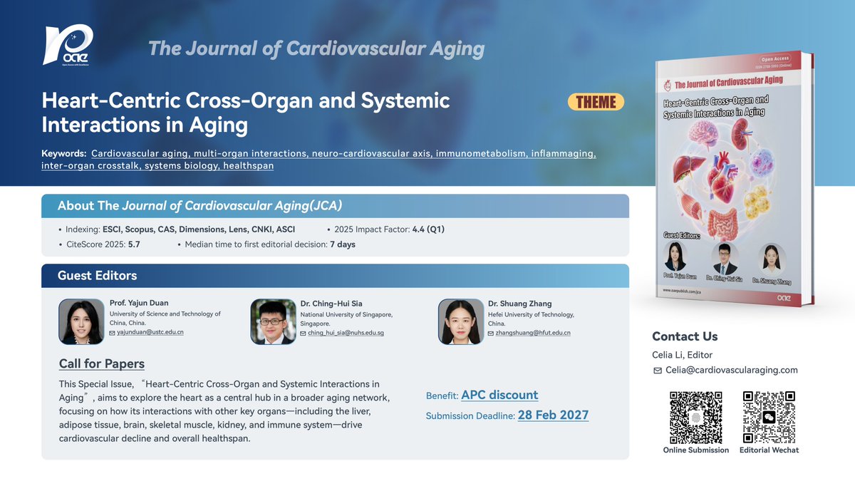 JCA_Journal's tweet photo. ๐ซ Call for paper | Heart-Centric Cross-Organ and Systemic Interactions in Aging
Guest Editors:
Prof. Yajun Duan (China)
Dr. Ching-Hui Sia (Singapore) @chinghuisia
Dr. Shuang Zhang (China)
๐ https://t.co/7EF1g5bULA
#CardiovascularAging #InterorganCommunication https://t.co/KvJWKJLJ40