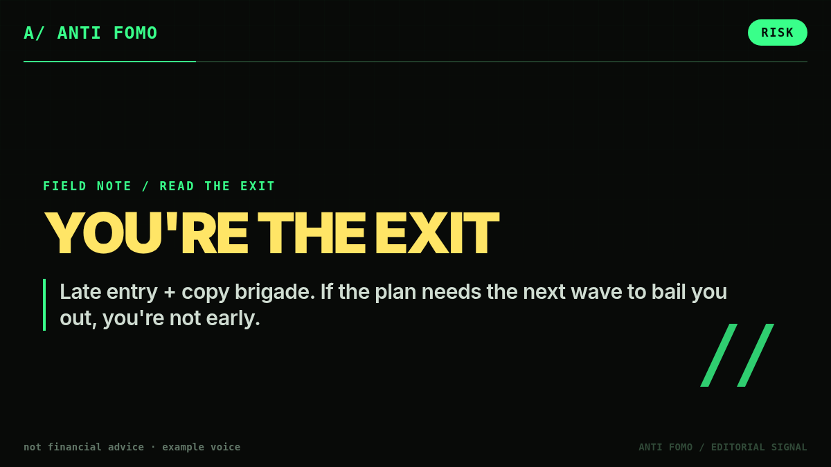 antifomo_meme's tweet photo. Late entries don't get a bell, they get a quieter timeline and a hotter bag. By the time the copy brigade shows up, the easy story is wallpaper and the only fresh thing left is your anxiety. If the plan needs the next wave to bail you out, you're not early, you're the exit. https://t.co/YwV8WHsLcq
