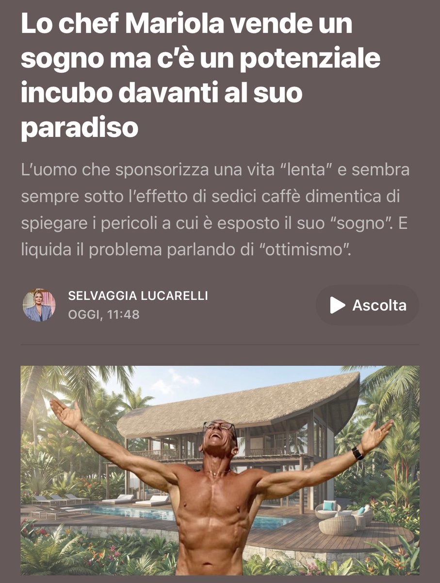 stanzaselvaggia's tweet photo. Max Mariola, lo chef che improvvisamente sponsorizza una vita “lenta” e sembra sempre sotto l’effetto di sedici caffè, dimentica di spiegare i pericoli a cui è esposto il suo “sogno”.  Del resto, i giornali che hanno ampiamente sponsorizzato il suo nuovo business, non si sono posti il problema tsunami. E lui lo liquida parlando di “ottimismo. Ne ho scritto qui. https://t.co/HbC07mCCdx