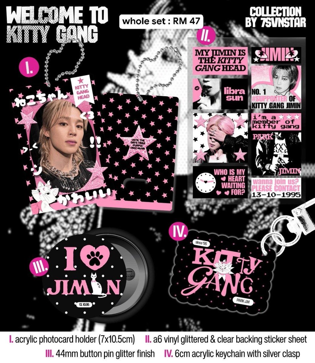 kthloveme's tweet photo. [ MY GO 🇲🇾 ] Jimin Kitty Gang Collection

— Whole Set: RM47
— PC Holder: RM25.50
— Sticker Sheet: RM9.80
— Keyring: RM13.50
— Pin: RM3.50

‹𝟹 preorder
‹𝟹 2nd payment needed

DM if interested💜

more items/update:
https://t.co/kfsUrQttli

#pasarbts #pasarbtsmy #myarmyjual https://t.co/KYviihJeRF