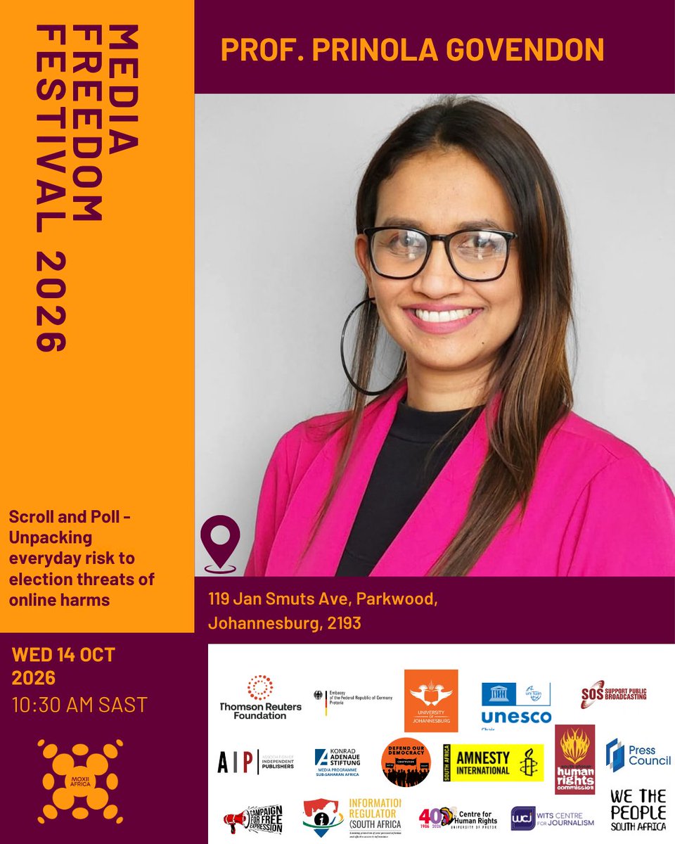 moxiiafrica's tweet photo. On the Media Freedom Festival 2026 Stage: Day 1 🎤

Professor Prinola Govenden is the @unescoROSA Chair in Cultural Inclusivity and Equity in Digital Media in Africa (2026 – 2030), University of Johannesburg (UJ). 
She is an Associate Professor at UJ’s Department of Communication and Media and she joins Day 1 of the Media Freedom Festival to speak on Incitement, Online Harms and.

This session unpacks the full spectrum of online harms, from everyday risks like harassment, hate speech, and disinformation, to the heightened dangers that emerge during electoral periods, including coordinated disinformation campaigns, targeted attacks on journalists and candidates, and the manipulation of public discourse through paid influence and platform amplification.

Date : 14 October 2026 , 10:30AM SAST
Venue : Goethe-Institute, Parktown, Johannesburg.

Register: https://t.co/TpDoxgyHkx
#MFF2026