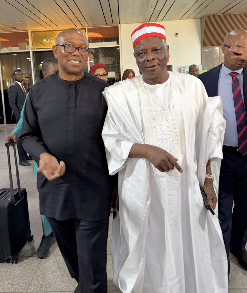 SaifullahiHon's tweet photo. His Excellency Mr. @PeterObi and His Excellency Sen. @KwankwasoRM, PhD, FNSE, NDC Presidential and Vice Presidential Candidates, respectively, at Nnamdi Azikiwe International Airport, Abuja, this morning, Monday, 28th September 2026, as they set out for their next engagement. https://t.co/WlEO2KJoAs