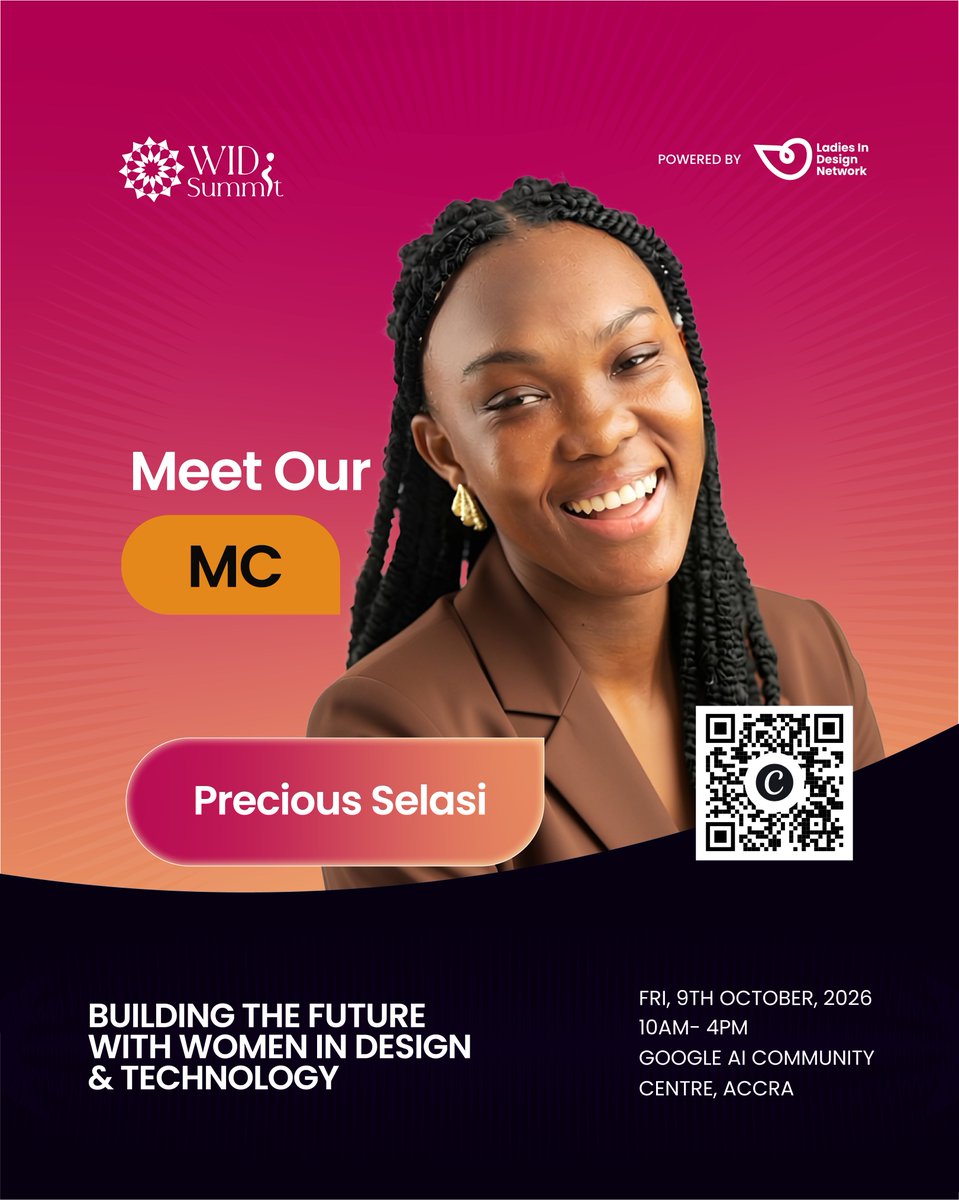 Lidn__'s tweet photo. Meet Precious Selasi Dzokoto
Weβre excited to have Precious Selasi joining us as the MC for #WIDS2026!
π Friday, 9th October 2026
β° 10AM β 4PM
π Google AI Comm.
#WIDS2026 #WomenInDesignSummit #LadiesInDesignNetwork #WomenInDesign https://t.co/iEtPbYSkho