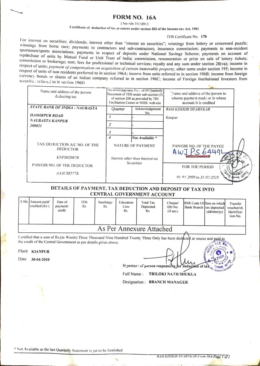 AnandSwarnkar's tweet photo. @TheOfficialSBI @OfficialSBICare @BandBajaateRaho @jagograhakjago @officialSBIcare  2009-2010 का 16a और 26as भेज रहा हूँ। इनमे तुम्हारे अधिकारी का कटा और हस्ताक्षर किया है।जो दर्शता है की विवाद उसी समय उत्पन्न हो गया मगर तुम्हारे LACK of job knowlegde के चलते तुमने 26as मे update नही कराया। ये update करना ग्राहक की नही बैंक की जिम्मेदारी थी https://t.co/p3BHk3ehFt