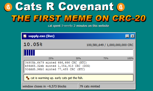 CRC20_'s tweet photo. 10% of the supply minted. 🐈

Cats showed up before anyone told them to. Thank you, early cats: you're the first holders of the first meme on CRC-20.

Plenty of fish for everyone.

https://t.co/ZyURPQw1JY https://t.co/DNcgqmEXio