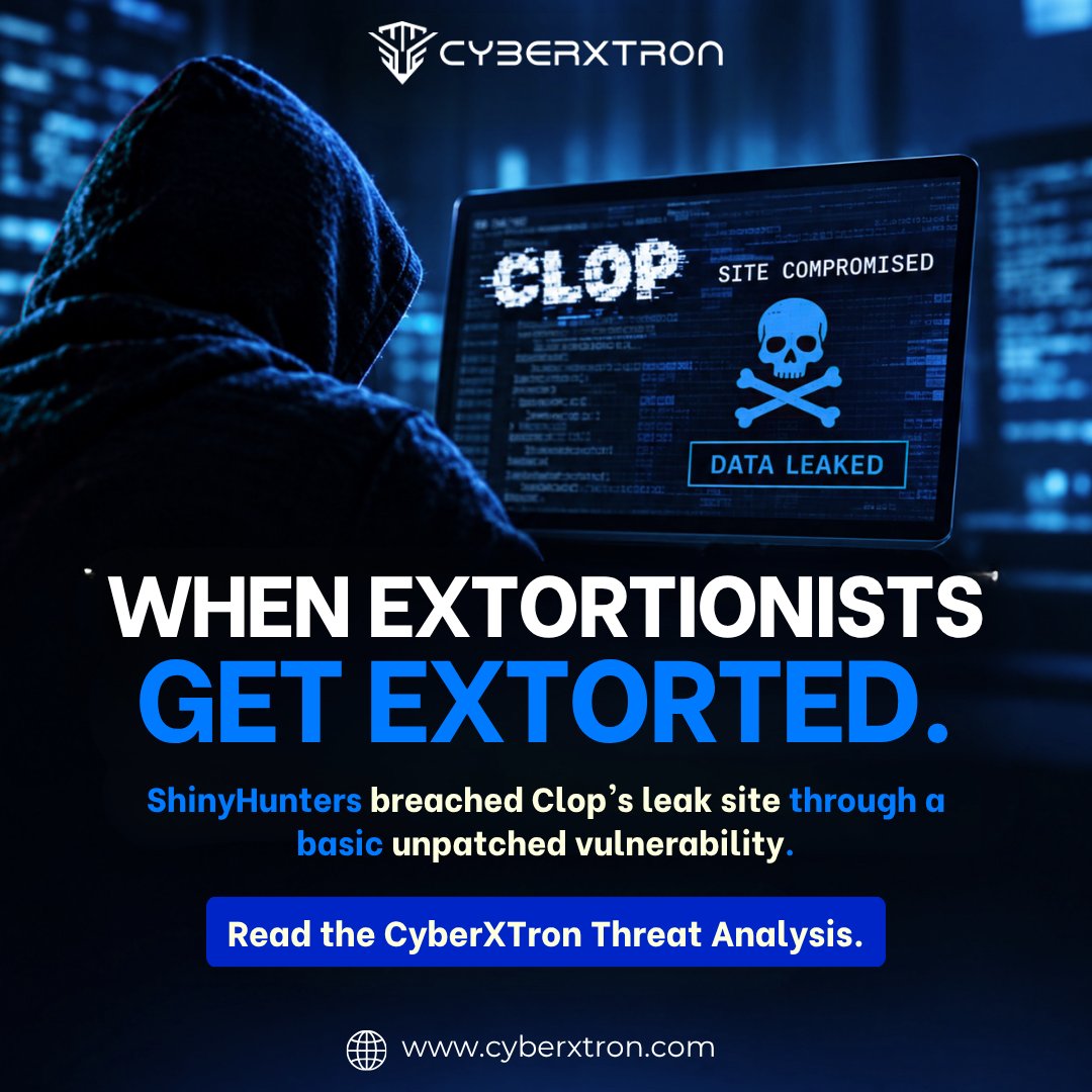 CyberxtronTech's tweet photo. A ransomware group just got hacked by the same playbook it uses on everyone else.

ShinyHunters breached Clop's leak site through a basic, patchable vulnerability, then turned it into an extortion countdown against Clop itself. Now they're threatening to expose which companies paid Clop, and how much.

If you ever paid a ransom to make an incident go away, this is why that assumption doesn't hold.

CyberXTron's research breaks down the full timeline and technical failure behind the breach.

Full breakdown: https://t.co/1HiOyMaLuy

#CyberXTron #ShinyHunters #Clop #Ransomware #ThreatIntelligence