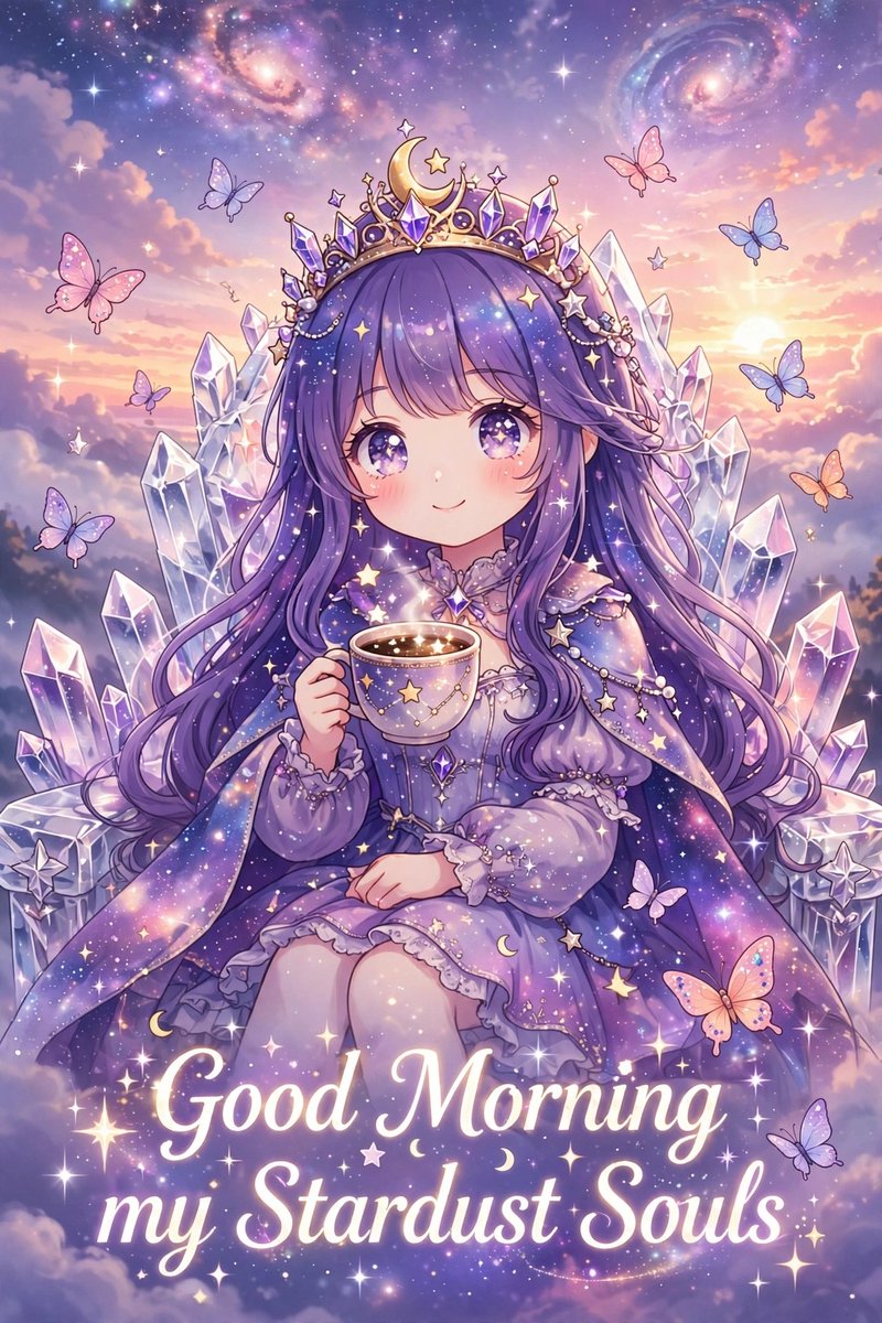 hoorienfatima's tweet photo. Good Morning my Stardust Souls! ☀️💜✨🌸 Wake up with a cup of stardust coffee! My Galaxy Queen wishes you a magical morning! Have a beautiful day! ☕🦋💫 #GoodMorning #StardustSouls #GalaxyQueen #MorningMagic #Aesthetic #Kawaii https://t.co/SH2X7XsV9t