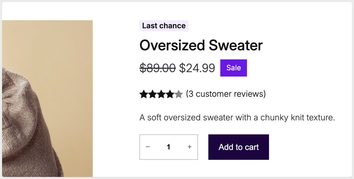 adrianduffell's tweet photo. Outlet Pro’s badge on the new WooCommerce Purple theme. It works great alongside the custom sale badge in Purple. https://t.co/Dhh1QIQqh3