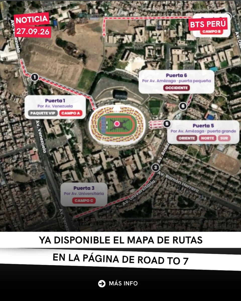 bts_peru1's tweet photo. 🚨 Ya están oficialmente disponibles las rutas de ingreso y salida en la página web del ROAD TO 7. 🏟️💜

Sabemos que estaban esperando esta información clave. Para que su única preocupación sea disfrutar y cantar a todo pulmón este 7, 9 y 10 de octubre, ya habilitamos el mapa detallado con todas las vías de acceso y evacuación oficiales en nuestra web. 🗺️✨

¿Cómo ver tu ruta y las puertas habilitadas (1, 3, 5 y 8)? 👀
1️⃣ Ingresa a https://t.co/U2TkQi5unB 
2️⃣ Haz clic en la sección "3D"
3️⃣ Selecciona la tarjeta "Informativo"   En esta sección, trabajada en una increíble colaboración con @memelithaa (IG) , encontrarán en un solo lugar el mapa aéreo, los últimos avisos, recomendaciones para el gran día y el escenario 3D actualizado gracias al trabajo de Ricco @ x. rzzo_(IG) . 🌌

NOTA: El contenido de arirangperu, así como los fondos generados desde su web, no pertenecen a BTS Perú Fanclub. Los hemos incorporado a ROAD TO 7 únicamente como recurso para facilitar y compartir información importante con ARMY.
Agradecemos a arirangperu por facilitar este recurso para la comunidad. 💜 

 📌 Tip: Guarda este post para tener los pasos a la mano el día del concierto y envíaselo por DM a tu grupo para que vayan definiendo su punto de encuentro y la puerta que les toca. 👇🏃‍♀️💨

#ROADTO7 #BTSPeru #ARIRANG #Peru