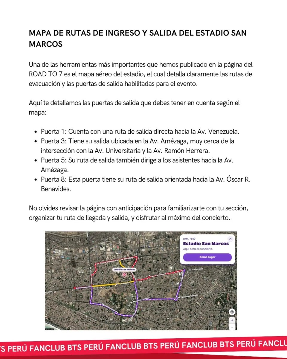 bts_peru1's tweet photo. 🚨 Ya están oficialmente disponibles las rutas de ingreso y salida en la página web del ROAD TO 7. 🏟️💜

Sabemos que estaban esperando esta información clave. Para que su única preocupación sea disfrutar y cantar a todo pulmón este 7, 9 y 10 de octubre, ya habilitamos el mapa detallado con todas las vías de acceso y evacuación oficiales en nuestra web. 🗺️✨

¿Cómo ver tu ruta y las puertas habilitadas (1, 3, 5 y 8)? 👀
1️⃣ Ingresa a https://t.co/U2TkQi5unB 
2️⃣ Haz clic en la sección "3D"
3️⃣ Selecciona la tarjeta "Informativo"   En esta sección, trabajada en una increíble colaboración con @memelithaa (IG) , encontrarán en un solo lugar el mapa aéreo, los últimos avisos, recomendaciones para el gran día y el escenario 3D actualizado gracias al trabajo de Ricco @ x. rzzo_(IG) . 🌌

NOTA: El contenido de arirangperu, así como los fondos generados desde su web, no pertenecen a BTS Perú Fanclub. Los hemos incorporado a ROAD TO 7 únicamente como recurso para facilitar y compartir información importante con ARMY.
Agradecemos a arirangperu por facilitar este recurso para la comunidad. 💜 

 📌 Tip: Guarda este post para tener los pasos a la mano el día del concierto y envíaselo por DM a tu grupo para que vayan definiendo su punto de encuentro y la puerta que les toca. 👇🏃‍♀️💨

#ROADTO7 #BTSPeru #ARIRANG #Peru