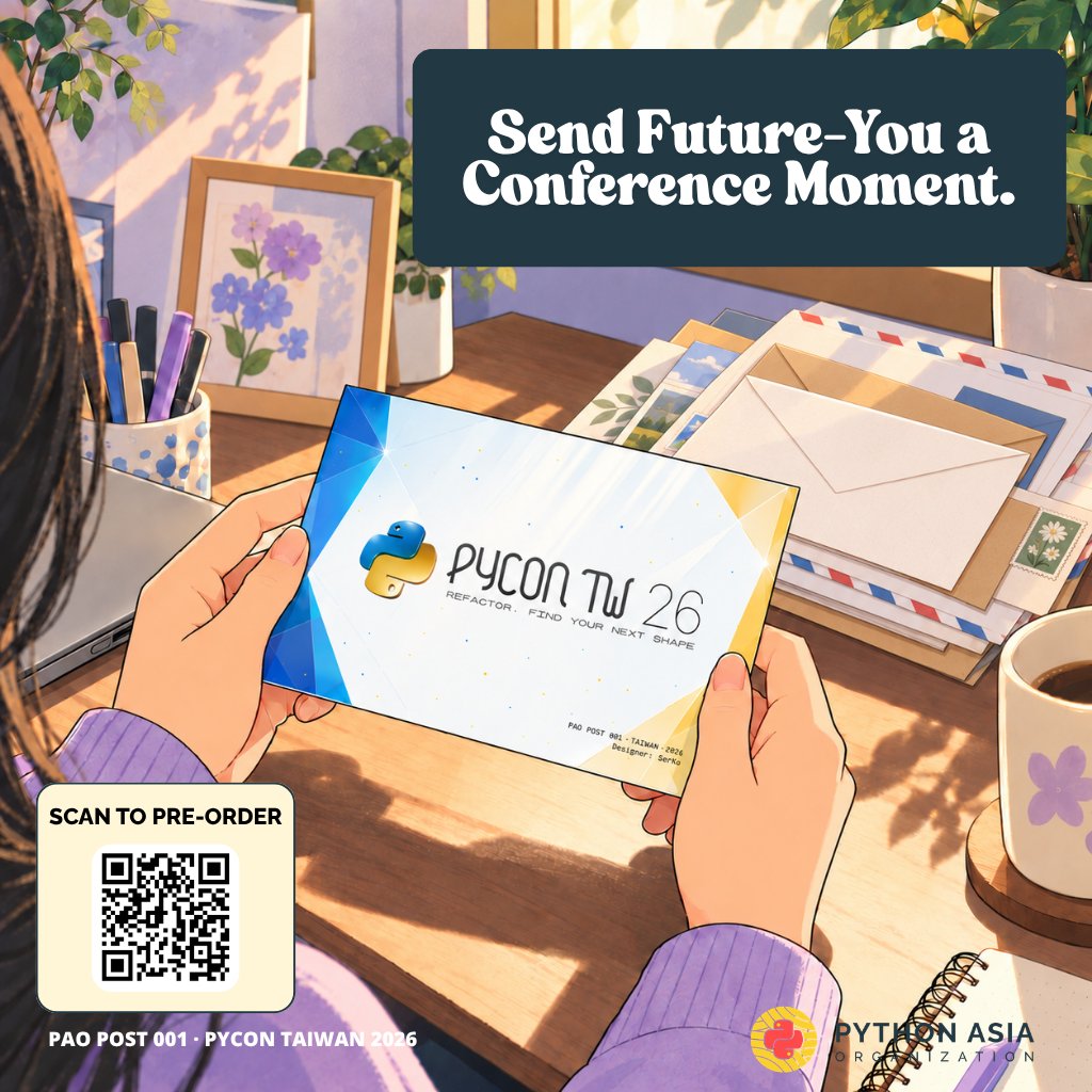PythonAsiaOrg's tweet photo. Send future-you a conference moment. 💌

PAO Post is a handwritten postcard from PyCon Taiwan 2026, written at our booth and mailed from Taiwan to you.

€10 · Pre-orders close Oct 4

https://t.co/w0NviJxQkr

#pythonasia @paopost #pycontw2026 https://t.co/zKDepEwWHM