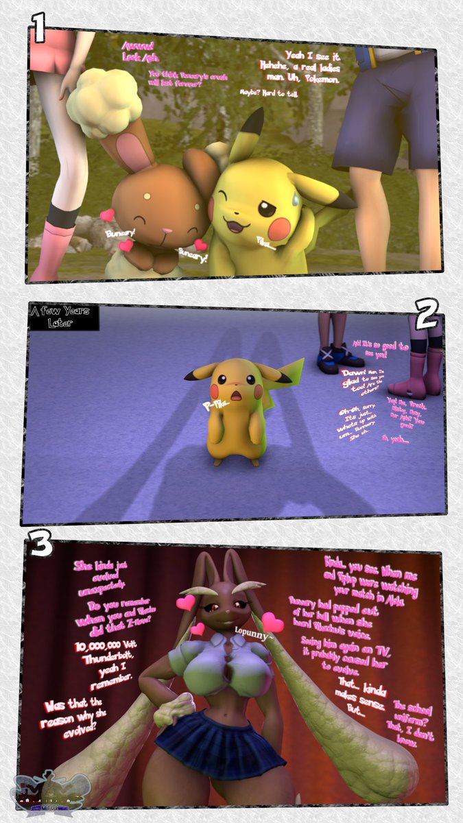 M101_SFW's tweet photo. "Things change after 492 Episodes &amp; 1 Reunion" 
--------  

I always found the ship between Ash's Pikachu &amp; Dawn's Buneary adorable, and honestly wished this happened in canon. At least, Buneary evolving.  

-------- 
Credits: 
Lopunny Model: @SirWarfare https://t.co/PBxMBwaa5Q