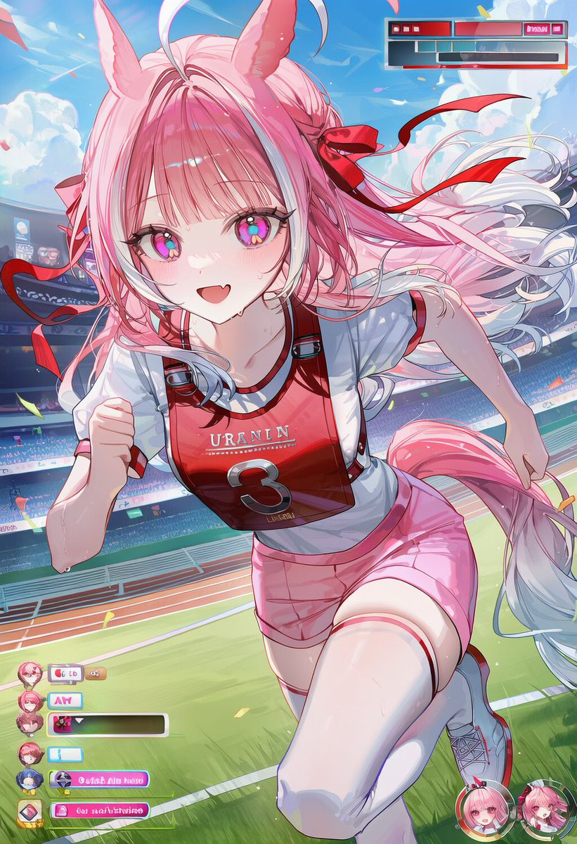 DearMySn1p3r's tweet photo. 🍑 레이스 트랙 게임 UI 프롬프트 공유

[ 배경+UI ]
4::game ui::, 4::hud::, 3::ui overlay::, 2::health bar::, 2::dialogue box::, race track, stadium, blue sky, clouds, motion blur, 3::running::, running toward viewer, dynamic pose, one leg raised, knee up, arms bent, leaning forward, looking at viewer, wind, sweat,

[ 의상 ]
3::animal ears::, 3::horse ears::, 3::horse tail::, 2::racing bib::, white t-shirt, shorts, white thighhighs,