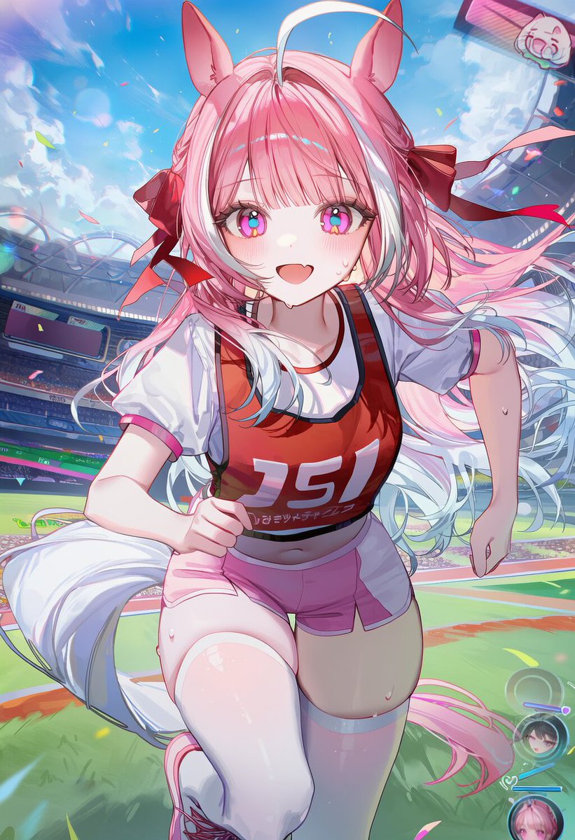 DearMySn1p3r's tweet photo. 🍑 레이스 트랙 게임 UI 프롬프트 공유

[ 배경+UI ]
4::game ui::, 4::hud::, 3::ui overlay::, 2::health bar::, 2::dialogue box::, race track, stadium, blue sky, clouds, motion blur, 3::running::, running toward viewer, dynamic pose, one leg raised, knee up, arms bent, leaning forward, looking at viewer, wind, sweat,

[ 의상 ]
3::animal ears::, 3::horse ears::, 3::horse tail::, 2::racing bib::, white t-shirt, shorts, white thighhighs,
