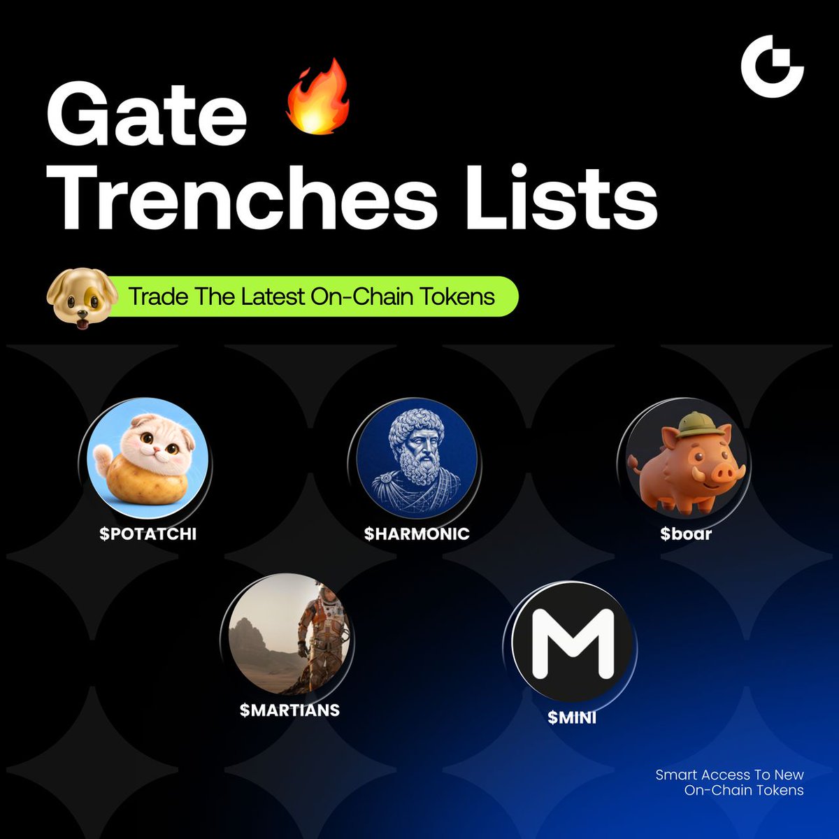 GateTrenches's tweet photo. 🔥 Fresh listings on Gate Trenches: $POTATCHI, $HARMONIC, $boar, $MARTIANS and $MINI

👀 Explore emerging trending tokens on Gate Trenches — Gate’s professional on-chain trading aggregation platform.

👇 Trade Now
POTATCHI: https://t.co/hx6KBXCckq
HARMONIC: https://t.co/fxUL4bA3g7
boar: https://t.co/EKW63Je7N7
MARTIANS: https://t.co/XXGo5EaNJa
MINI: https://t.co/mTkujq4jxK

Join the Gate Trenches community for the latest token intel, events, and airdrops.
https://t.co/E2ENReE0WR