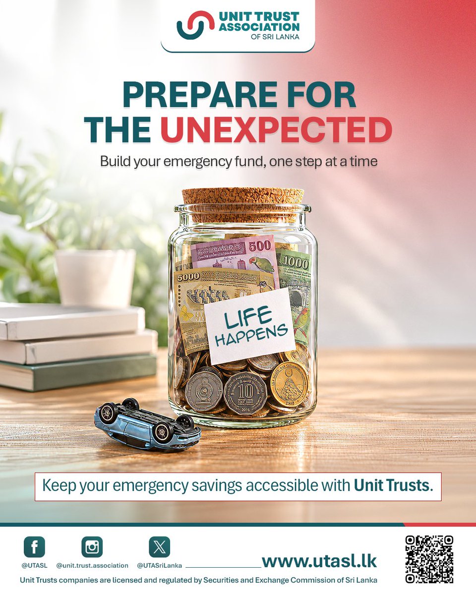 UTASriLanka's tweet photo. Be ready for life’s unexpected moments. Build your emergency fund with Unit Trusts.

#UnitTrusts #EmergencyFund #UTASL https://t.co/jPsFD6lyUB